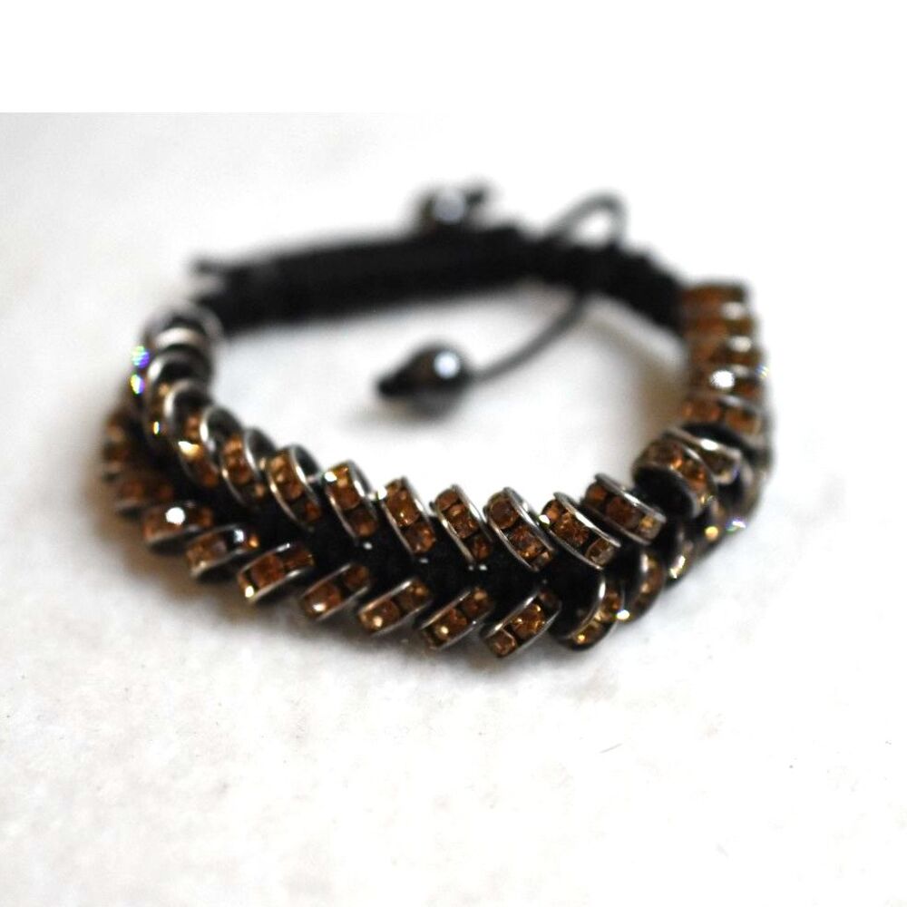 Gothic Stylish Black Cord Amber Rhinestone Disk Beaded Layered Like New Bracelet
